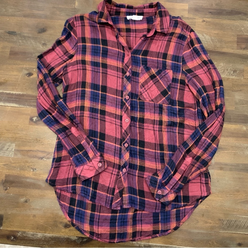 Beach Lunch Lounge multicolored plaid flannel long sleeve button down shirt EUC - Picture 2 of 13